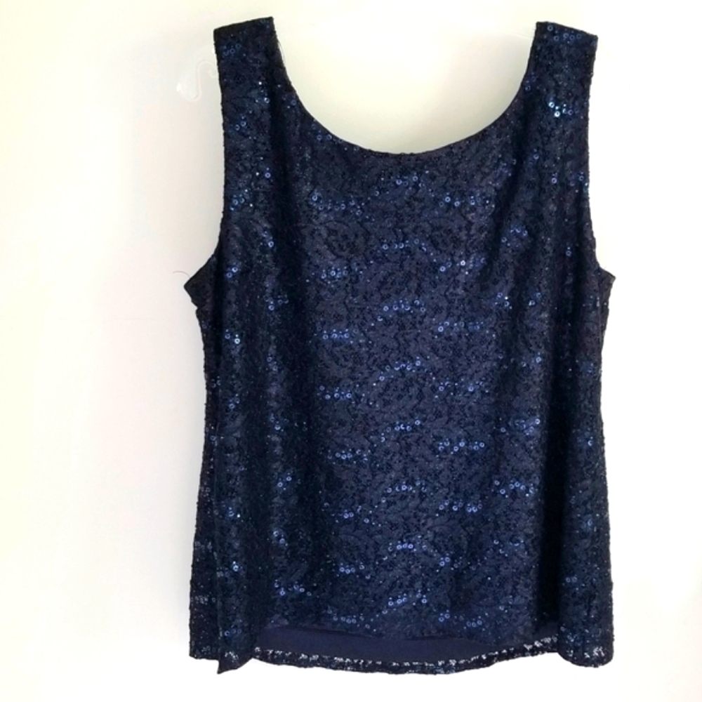R & M Richards navy lace sequin top